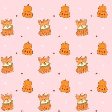 Halloween Corgi Seamless Pattern Cute Kawaii Pumpkin Dog Costume Repeat Bac.. Stock Illustration