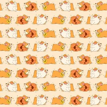 Halloween Corgi Seamless Pattern Cute Kawaii Spooky Dog Ghost Pumpkin Stock Illustration