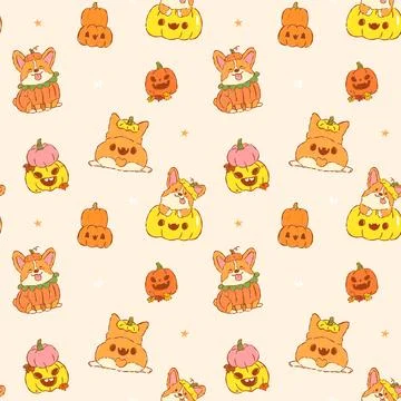 Halloween Corgi Seamless Pattern Cute Spooky Pumpkin Dog Kawaii Costume Rep.. Stock Illustration