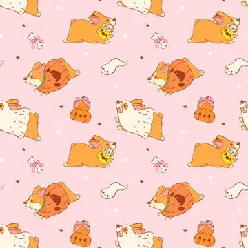 Halloween Corgi Seamless Pattern Cute Kawaii Spooky Dog Ghost Pumpkin Trick.. Stock Illustration