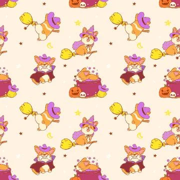 Halloween Corgi Witch Seamless Pattern Cute Kawaii Spooky Dog Costume Repea.. Stock Illustration