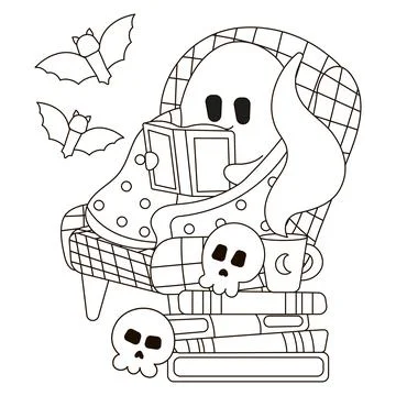 Halloween cozy coloring page with ghost character sitting in armchairs and .. Stock Illustration