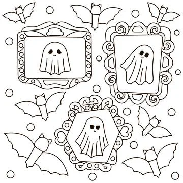 Halloween cozy coloring page with ghost family portrait in frames for kids .. 스톡 일러스트