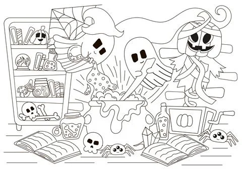 Halloween cozy indoor interior of room with ghost characters boiling potion i Stock Illustration