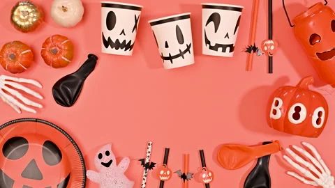 Halloween creative frame with party decorations move Stop motion Stock-Footage 250552377
