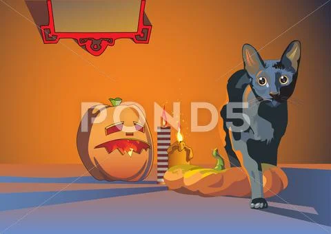 Halloween creeping cat. Vector illustration Stock Illustration