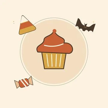 Halloween cupcake with candy corn and bats. Decorative flat vector compositio Stock Illustration