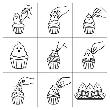 Halloween Cupcake Decorating Step by Step Illustration, Ghostly Cupcakes wi.. Stock Illustration