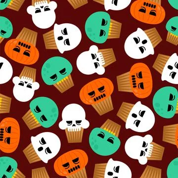 Halloween cupcake pattern seamless. Set Cupcake Scull and Ghost, Zombie and P 库存插图