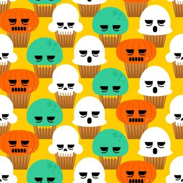 Halloween cupcake pattern seamless. Set Cupcake Scull and Ghost, Zombie and P 스톡 일러스트