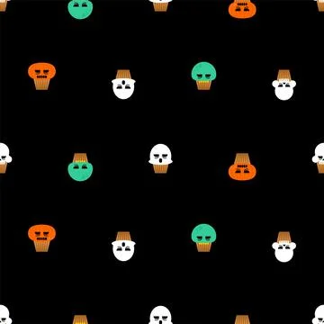 Halloween cupcake pattern seamless. Set Cupcake Scull and Ghost, Zombie and P 스톡 일러스트