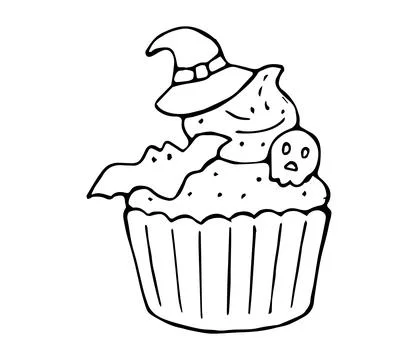 Halloween cupcake with witch hat doodle illustration Stock Illustration
