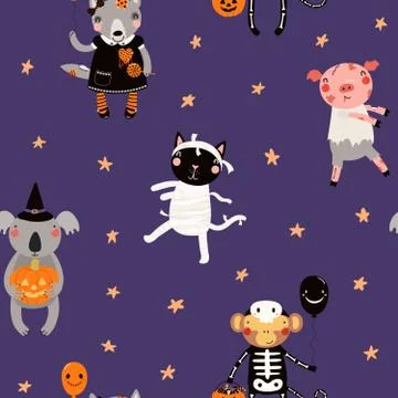 Halloween cute animals seamless pattern Illustrazione stock