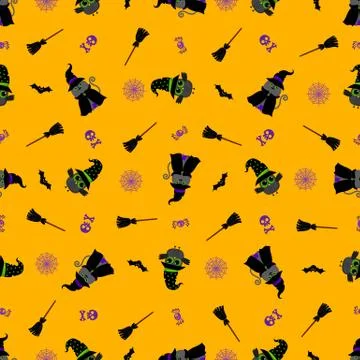 Halloween cute cats vector pattern with owls, skulls in cartoon style. Kawaii Stock Illustration