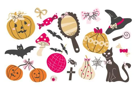 Halloween cute coquette elements set. Hand drawn vector illustration isolated on Stock Illustration