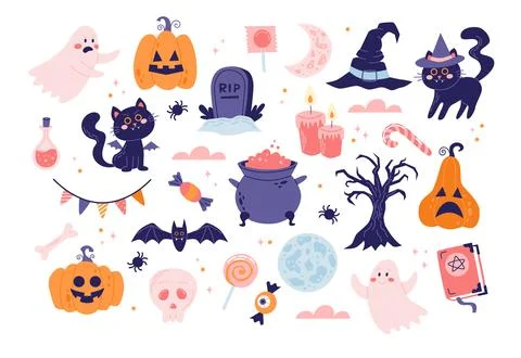 Halloween cute elements set. Pumpkins, scary black cats, ghosts. Vector Stock Illustration