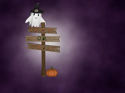 Halloween cute ghost and rickety old wooden signpost in foggy purple background Stock Illustration