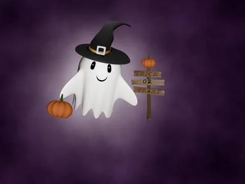 Halloween cute ghost and rickety old wooden signpost in foggy purple background Stock Illustration