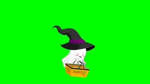 Halloween cute ghost bring a basket floating on green screen Stock Footage 246926897