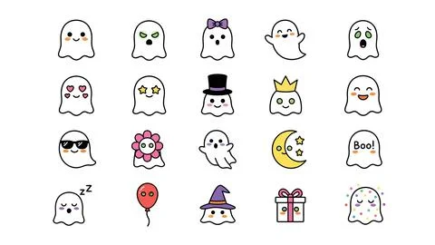 Halloween cute ghost character and symbol vector icon set with various expr.. Stock Illustration