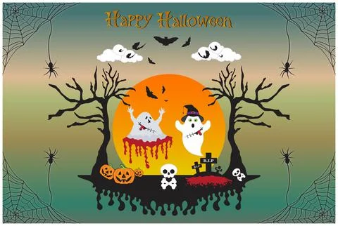 Halloween cute Ghost character pumpkins illustration Stock Illustration