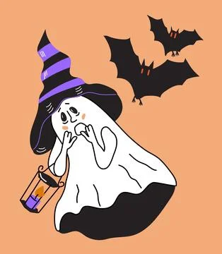 Halloween cute ghost character scared of bats. Halloween ghost flat vector .. Stock Illustration