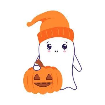 Halloween cute ghost in flat design. Funny spirit in orange hat and pumpkin.  Stock Illustration