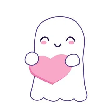 Halloween cute ghost in flat design. Lovely spirit holding heart sign. Vector Stock Illustration