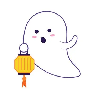 Halloween cute ghost in flat design. Spooky spirit holding lantern. Vector il Stock Illustration