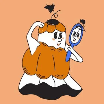 Halloween cute ghost going to party wearing pumpkin costume vector isolated. Illustrazione stock