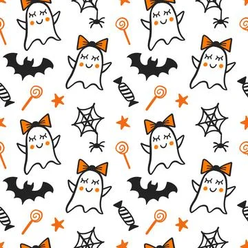Halloween Cute Ghost Vector Seamless Pattern Texture Stock Illustration