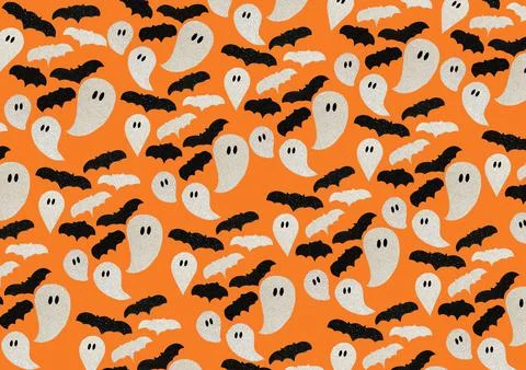 Halloween Cute Ghosts and bats with orange background. Stock Illustration