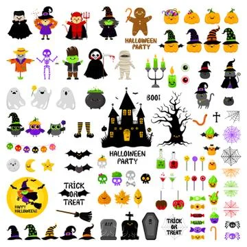 Halloween cute icons vector set. Cartoon style. Kawaii. Holiday symbols. Stock Illustration