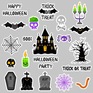 Halloween cute icons vector set. Cartoon style. Kawaii. Trick or treat. Stock Illustration