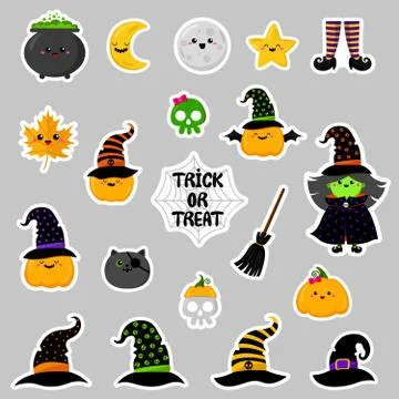 Halloween cute icons vector set. Cartoon style. Kawaii. Trick or treat. Stock Illustration
