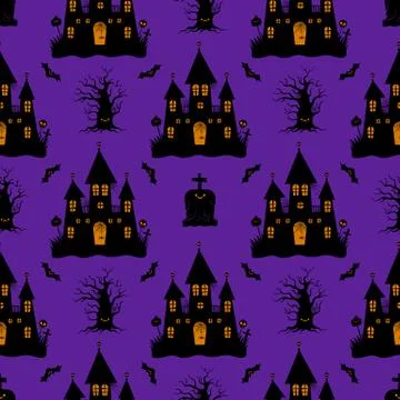 Halloween cute pattern with castle. Vector. Cartoon style. Kawaii. Stock Illustration