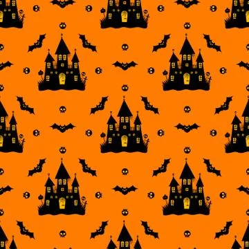 Halloween cute pattern with castle. Vector. Cartoon style. Kawaii. Stock Illustration