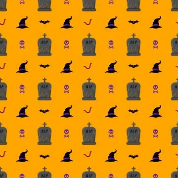 Halloween cute pattern with graves, hats, skulls. Vector in cartoon style. Stock Illustration