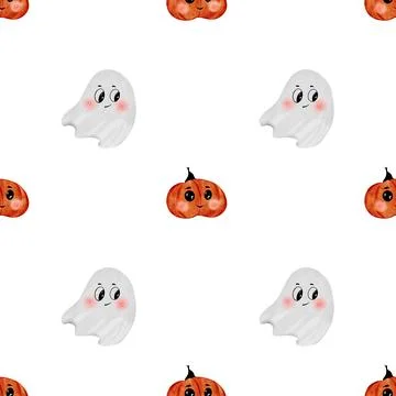 Halloween cute pattern. Hand drawn seamless illustration on isolated white Stock Illustration