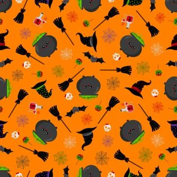 Halloween cute pots vector pattern with bats, brooms. Cartoon style. Kawaii. Illustrazione stock