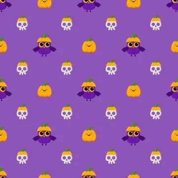 Halloween cute pumpkins vector pattern with owls, skulls in cartoon style. Stock Illustration