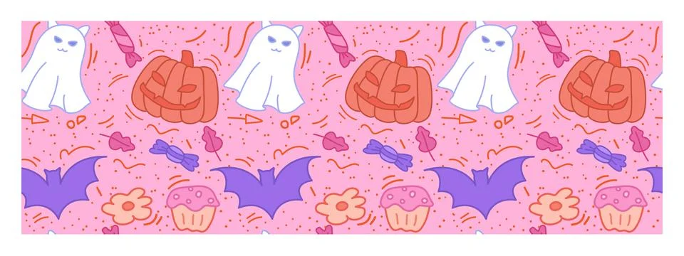 Halloween cute seamless pattern. Cat ghost, pumpkin, bat, candy. Stock Illustration