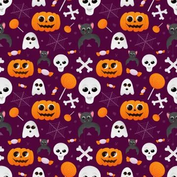 Halloween cute seamless pattern with pumpkins, ghosts, bats, skulls and sweets Illustrazione stock