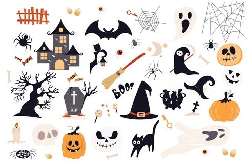 Halloween cute set in flat cartoon design. Bundle of old castle, bat, web, ghost Stock Illustration
