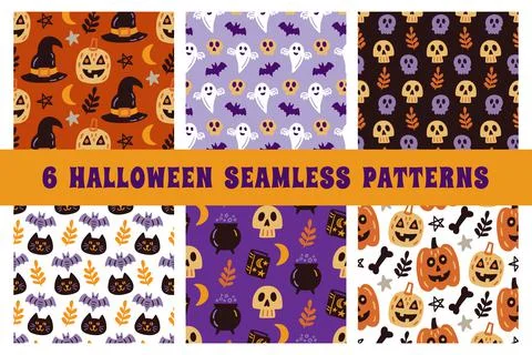 Halloween Cute Vector Seamless Pattern Texture Set Stock Illustration
