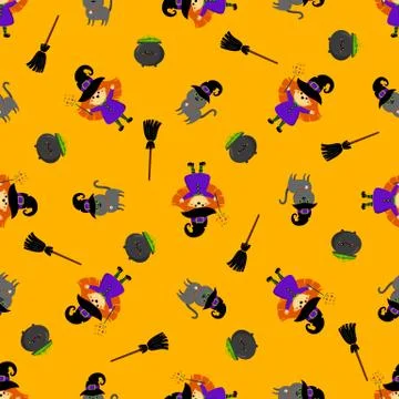 Halloween cute witch vector pattern with pot, cat. Cartoon style. Stock Illustration