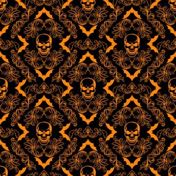 Halloween Damask Seamless Pattern with Skulls and Bats Stock Illustration