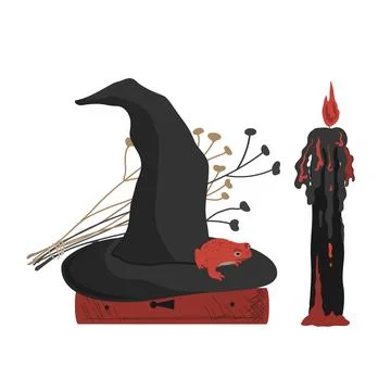 Halloween Dark Aesthetic Composition with a Witch Hat, red Frog and spooky .. Stock Illustration