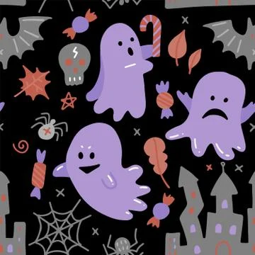 Halloween dark seamless pattern. Vector flat illustration with ghost, candy and Stock Illustration
