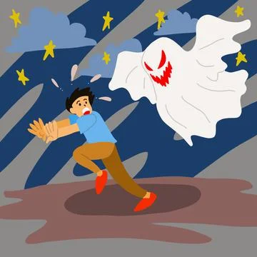 Halloween day spooky ghost chasing man running scared, concept illustration i Stock-Illustration